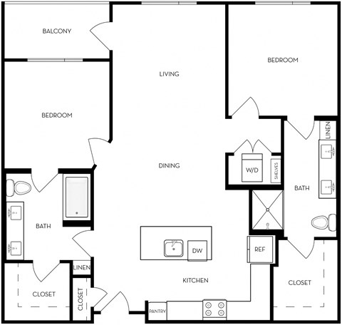 Floor plan for 2 beds, 2 baths, 1163 sqft